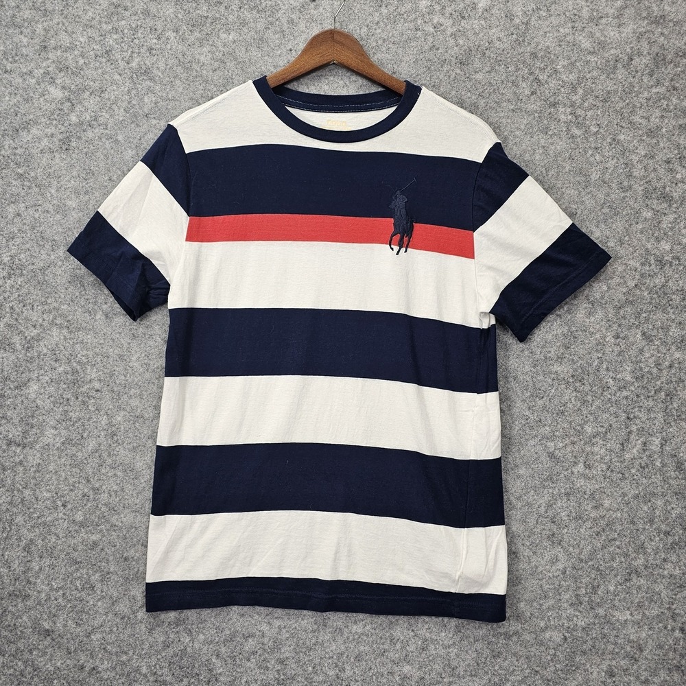 Polo Ralph Lauren Shirt Boys Large 14 16 Navy White Striped Big Pony Rugby Tee